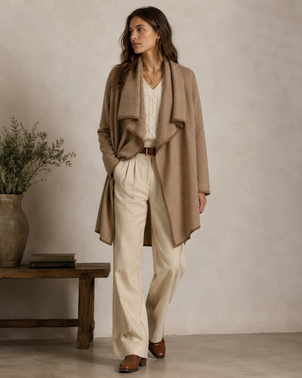 Ralph Lauren Womens M Open Cardigan Sweater Wool Cashmere Herringbone Tan - Picture 1 of 9